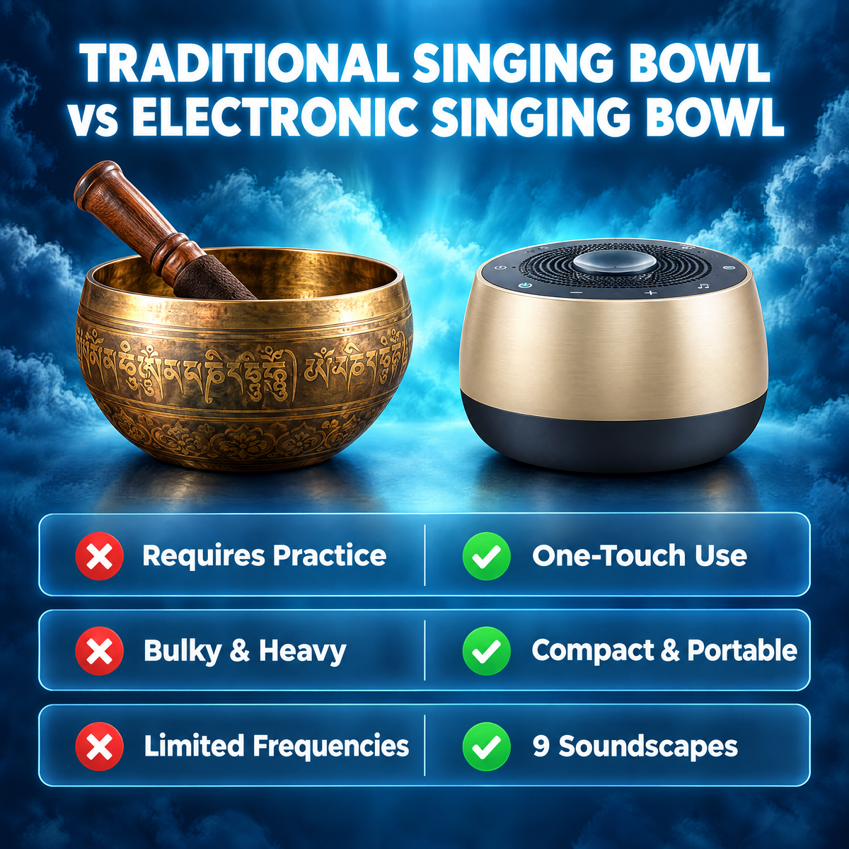 Kelunix Frequency Singing Bowl compared with a traditional singing bowl