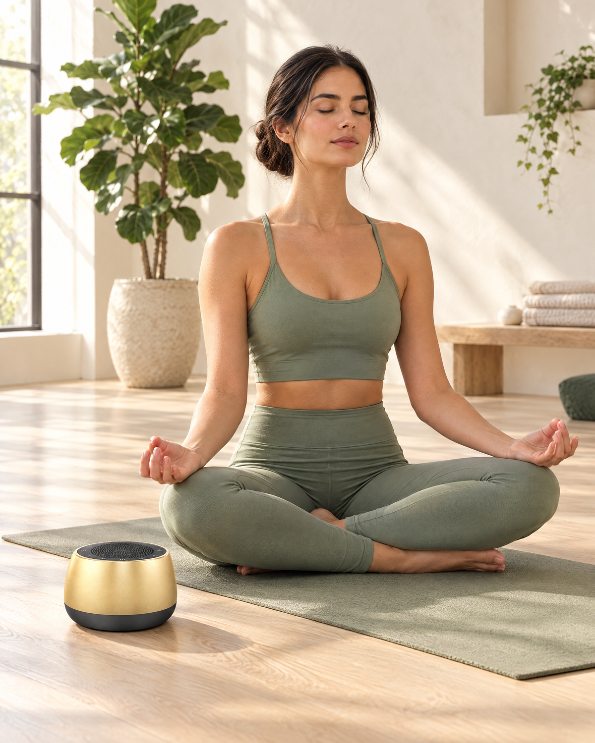Woman meditating on a yoga mat with the golden Kelunix Frequency Singing Bowl beside her