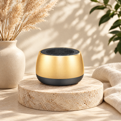 The golden Kelunix Frequency Singing Bowl on a travertine stone pedestal