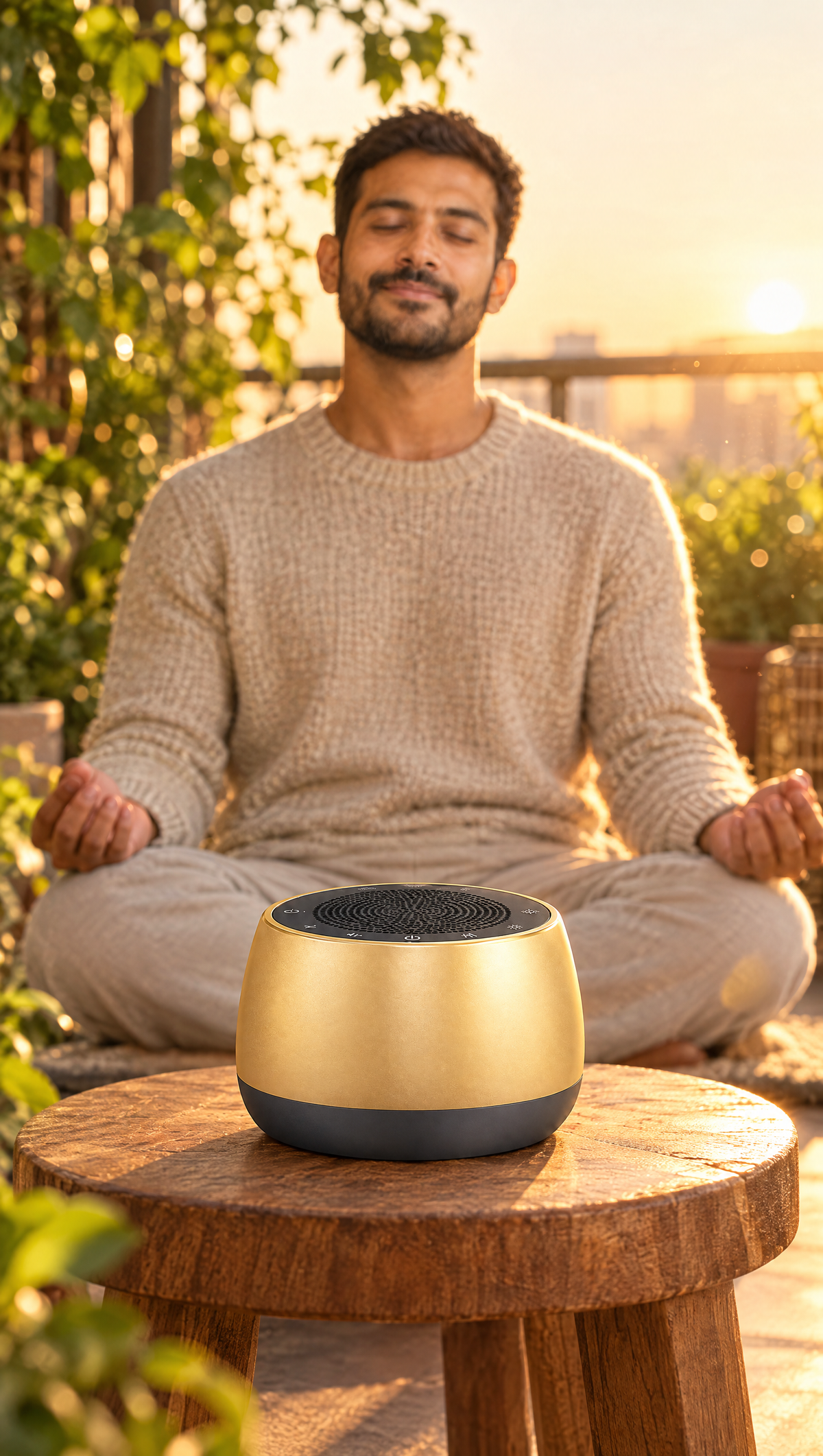 The gold Kelunix bowl on a wooden stool on a balcony at golden hour