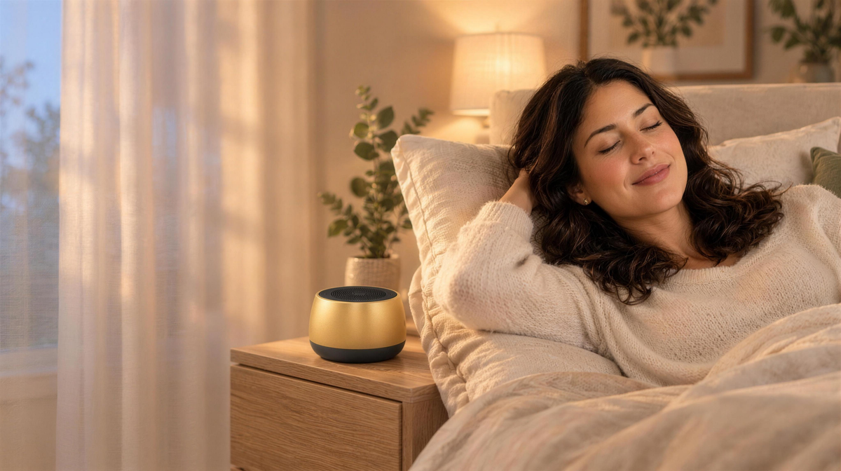 Woman relaxing in bed in warm evening light with the gold Kelunix bowl on her nightstand