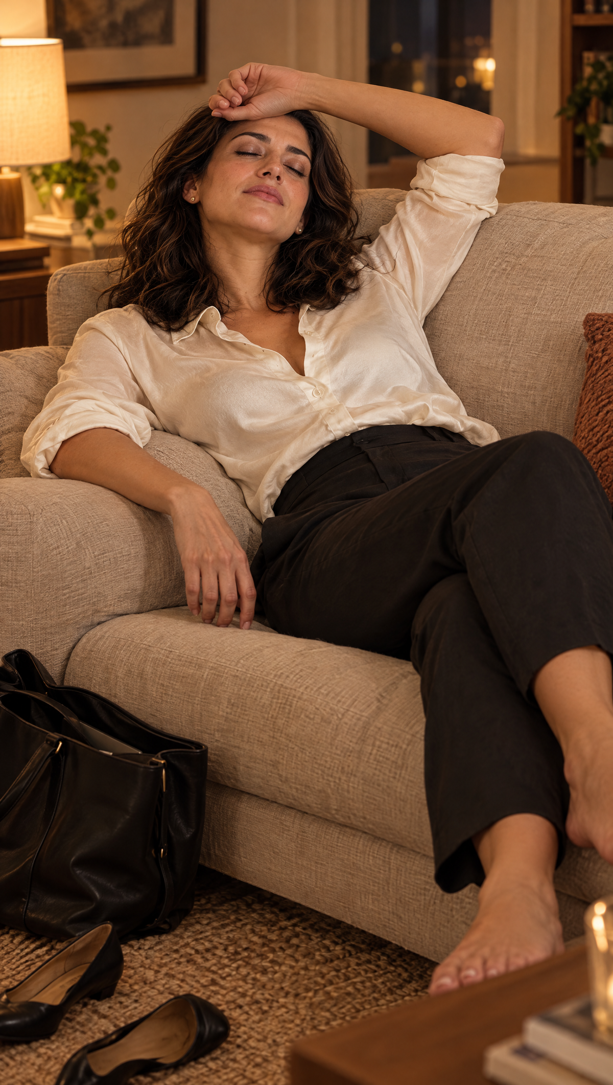 Woman back home after a long day, sinking onto the sofa, exhausted